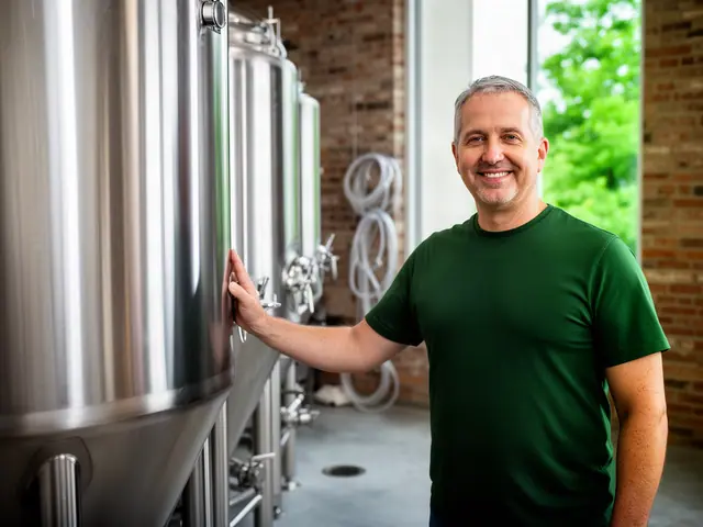 A smiling brewer in a green tee with a hand on a new stainless-steel fermenting tank.
