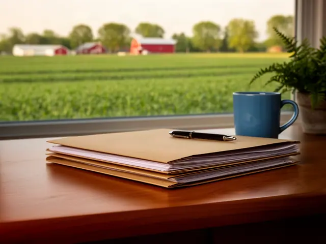 A neat stack of closed manila folders and a pen on a desk by a window.