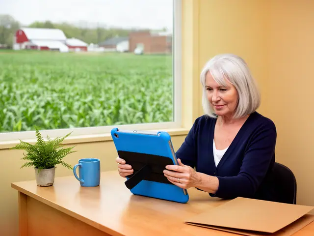 A woman with silver hair reviewing a tablet in a blue case at a desk by a window onto cornfields.