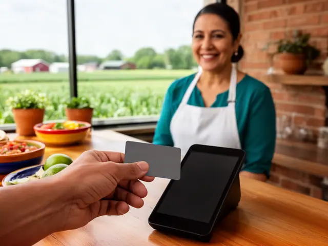 A customer holds a gray card over a counter terminal at a taqueria with salsas and limes.