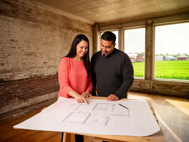 Two business partners looking over a pencil floor sketch in an empty storefront.