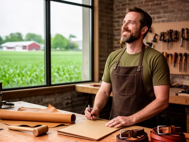 A smiling leatherworker in a brown apron at a worktable with leather belts, a mallet and a closed folder.